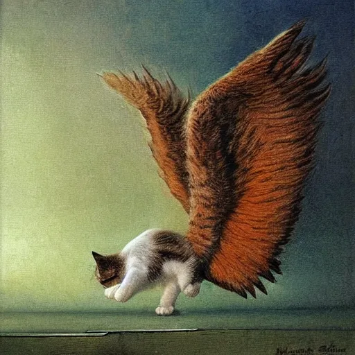 Image similar to a cat with wings an illustration by Michael Sowa