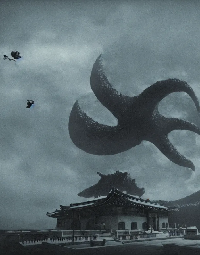 Image similar to a filmstill of a north korean monster movie, kaiju - eiga monster starfish - like trampling a traditional korean palace, foggy, film noir, video compression