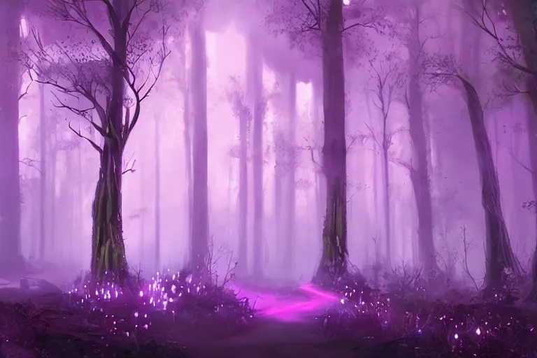 Image similar to ancient magical dark forest, tall purple and pink trees, moonlit, winding path lined with bioluminescent mushrooms, neonlike fireflies, pale blue fog, mysterious, eyes in the trees, cinematic lighting, photorealism, world of warcraft concept art