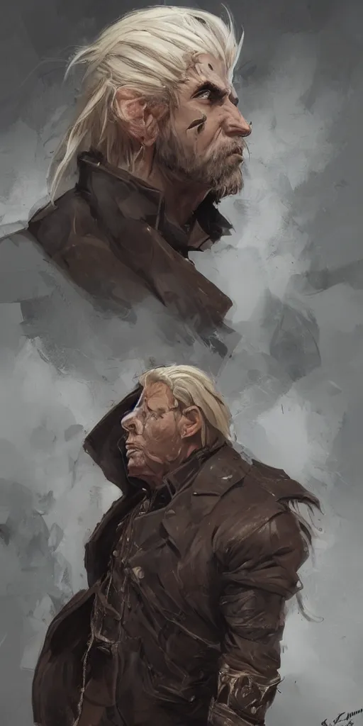 Image similar to portrait of a muscular, grim, ponytail haired blonde man in his late 30's, wearing a thick brown leather coat, looking to his side, half of the face scarred, hunter, DnD character, fantasy character, digital art by Ruan Jia, Krenz Cushart, Rossdraws and Boris Vallejo