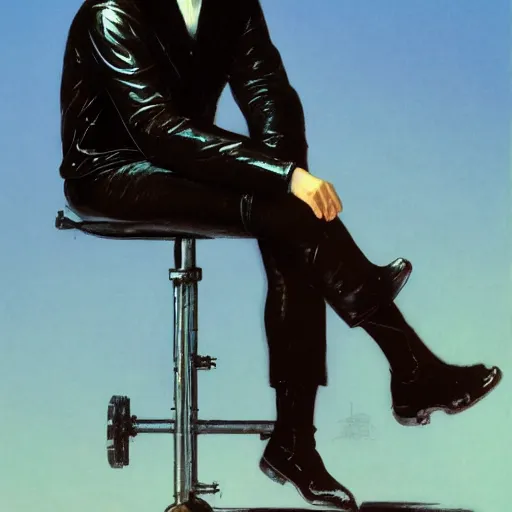 Prompt: a portrait of a man in a patent leather jacket, his head is a skull with his brain sticking out, he is sitting on top of a motorcycle, 4k, in the style of Edward Hopper