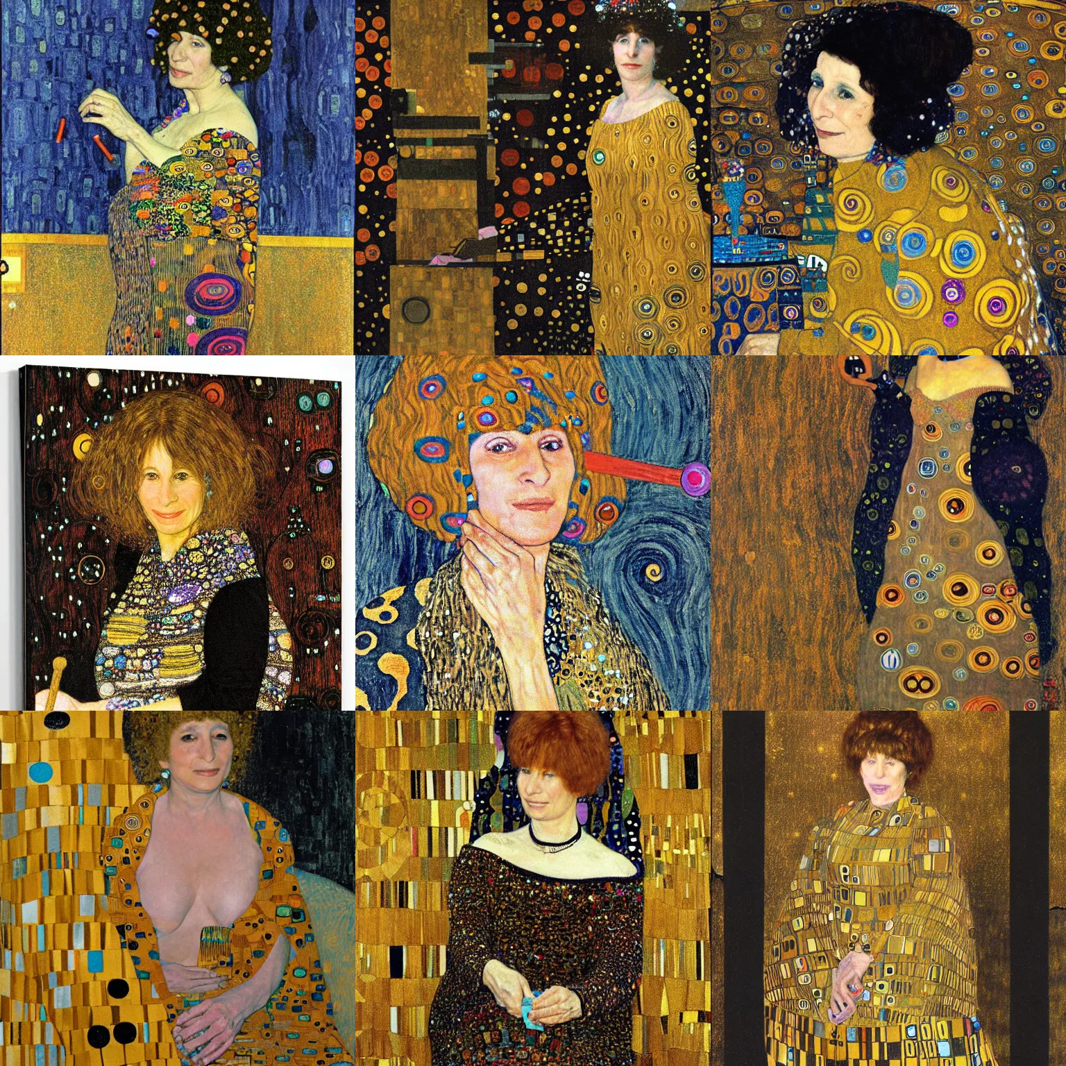 Prompt: A 50 year old woman who looks like Barbara Streisand is spinning yarn on a spinning wheel, by Gustav Klimt