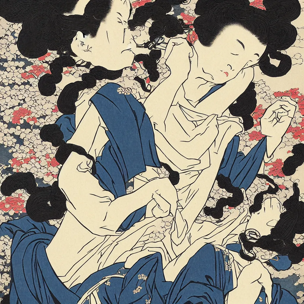 Image similar to i, a beautiful woman playing her iphone, by hokusai