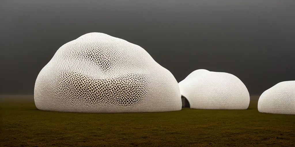 Prompt: white honeycomb organic building with warm illumination inside by ernesto neto sits on the field evening atmosphere in low fog, 4 k, insanely quality, highly detailed, film still from the movie directed by denis villeneuve with art direction by zdzisław beksinski, telephoto lens, shallow depth of field