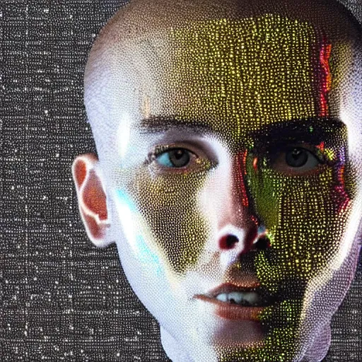 Image similar to a 3d human head made up of shiny holograms