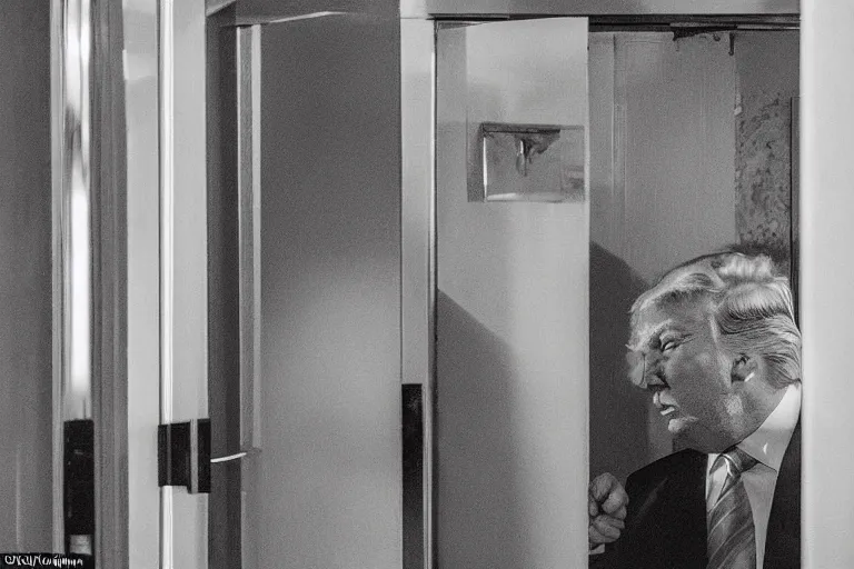 Image similar to Donald Trump visibly pouts as his bathroom is raided by many federal agents, raided by feds, panicking, golden toilet, Highly detailed, Cinematic, photorealistic, Realistic, detailed.