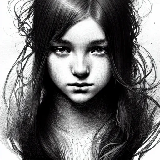 Prompt: black and white pen and ink sketch of a scottish teenage girl with dark blonde hair, glowing skin, intelligent face, fantasy, intricate, elegant, dress shirt, highly detailed, digital painting, artstation, concept art, smooth, sharp focus, illustration, art by Krenz Cushart and Artem Demura and alphonse mucha