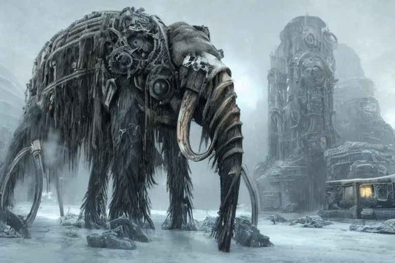 Prompt: a giant steampunk mammoth, post - apocalyptic ice landscape in snowstorm, concept art by hr giger, hyper detailed, unreal engine