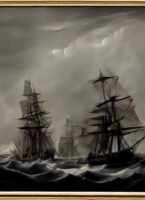 Image similar to an extremely detailed masterpiece of the sailing vessel bonhomme richard with canons discharging in early evening, in the style of george philip reinagle, epic scene, extremely moody lighting, glowing light and shadow, atmospheric, shadowy, cinematic, 4 k