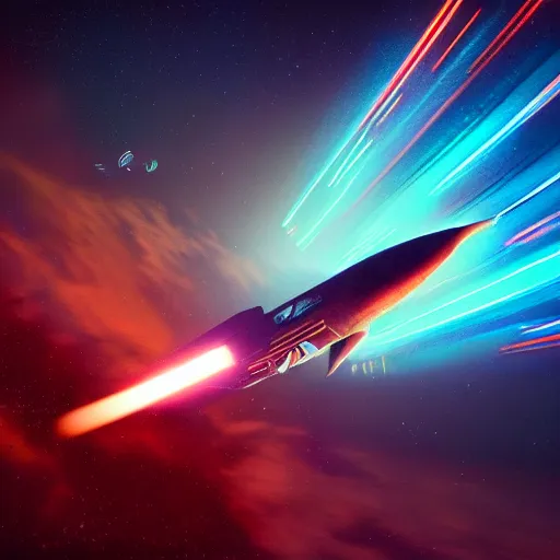 Image similar to rocket ship in space running into a comet, photo realistic, 8k, artstation, Blade runner, neon signs in the distance, dark, cinematic, high contrast, epic