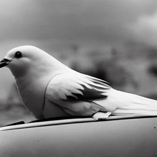 Image similar to high quality large format photograph of a white dove sitting on a tank during war