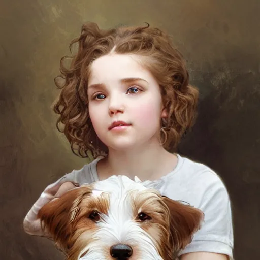 Prompt: a seven year old girl with short wavy curly light brown hair and blue eyes petting the head of a very cute wire haired jack russell terrier puppy, white with brown patches over both eyes. detailed, high quality painting by artgerm and greg rutkowski and alphonse mucha