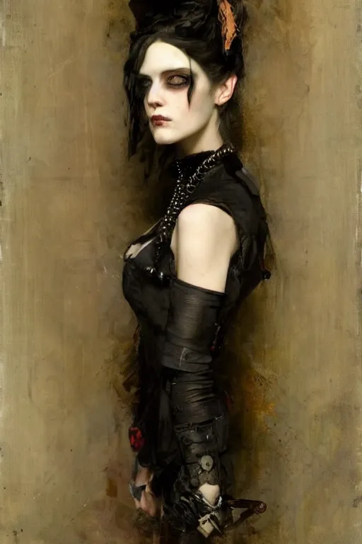 Prompt: Richard Schmid and Jeremy Lipking and Roberto Ferri full length portrait painting of a young beautiful victorian steampunk goth punk rock woman