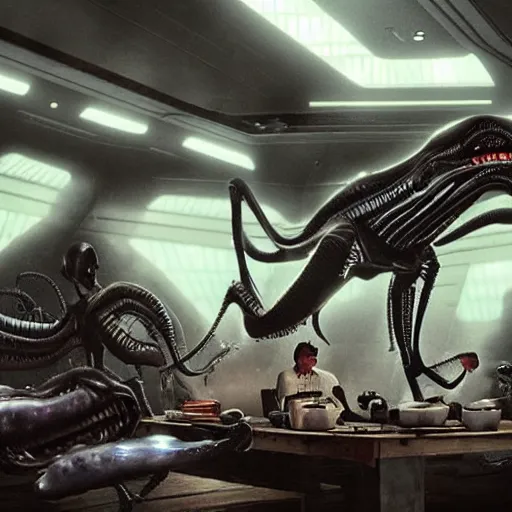 Image similar to alien xenomorph flashed by light, found footage, spaceship mess hall, photorealistic