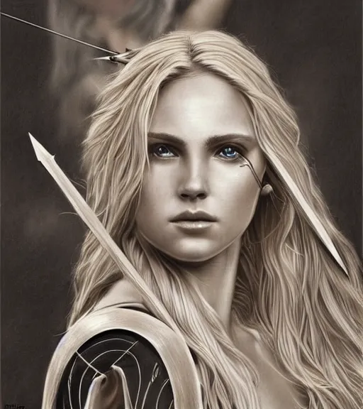 Image similar to portrait of beautiful aphrodite goddess as an archer warrior, arrow, beautiful piercing eyes, flowing blonde hair, realistic face, black and white drawing, in the style of greg rutkowski, fantasy, amazing detail, epic, intricate, elegant, smooth, sharp focus