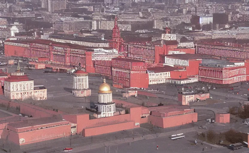 Image similar to high quality 2000s historic footage of soviet square with one lenin statue with stanilist style giant walls , color aerial photo drone, Cinestill 800t, heavy grainy picture, very detailed, high quality, 4k panoramic