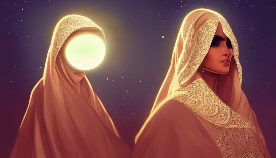 Image similar to Portrait of very very very very very very beautiful Arab woman wearing a Niqab, glowing magical eyes, energy trails, under giant full moon in the desert, intricate, elegant, highly detailed, digital painting, artstation, concept art, smooth, sharp focus, illustration, art by artgerm and greg rutkowski and alphonse mucha