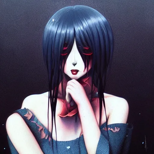 Prompt: beautiful! aesthetically pleasing! portrait of an anime goth clowngirl, painted by ilya kuvshinov!!! and zdzislaw beksinski