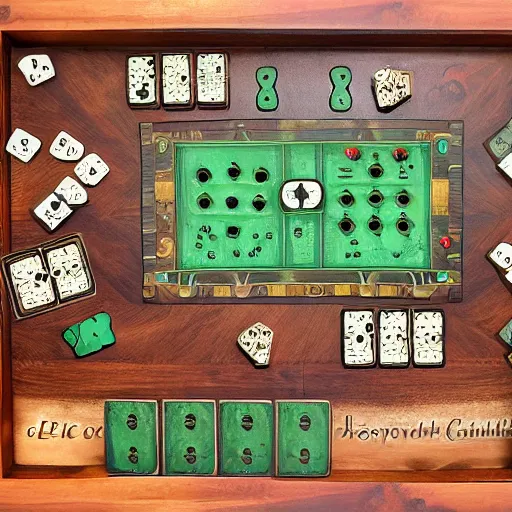 Prompt: game board made in wood, fantasy, with dice, epic, cinematic, thriller