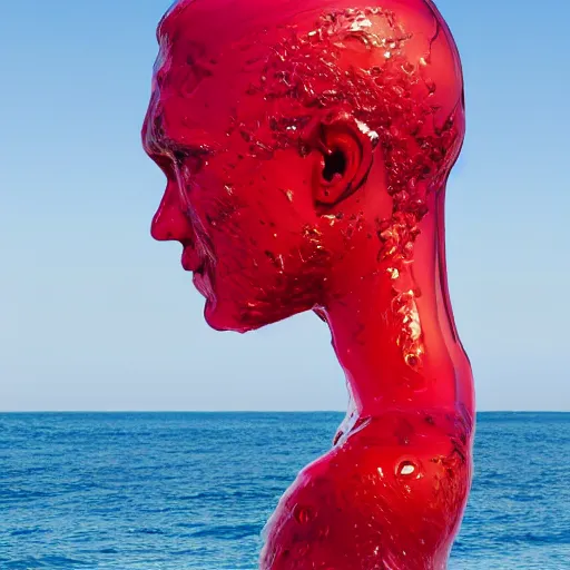 Image similar to a giant human head sculpture in the sea made out of juicy and transparent red jelly, in the style of chad knight, long shot, hyper detailed, hyper realistic, ray tracing, 8 k resolution, sharp focus, realistic water, award winning