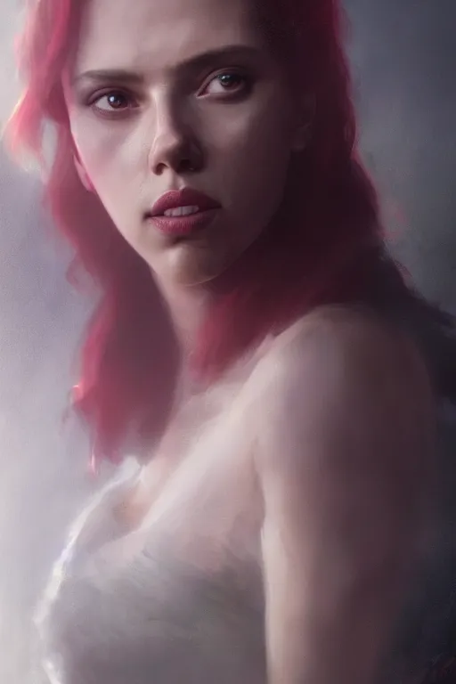 Image similar to a fancy portrait of a Scarlett Johansson with as a Demon by Greg Rutkowski, Sung Choi, Mitchell Mohrhauser, Maciej Kuciara, Johnson Ting, Maxim Verehin, Peter Konig, final fantasy , mythical, 8k photorealistic, cinematic lighting, HD, high details, atmospheric,