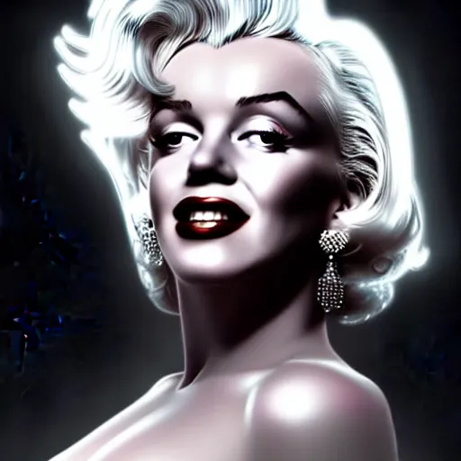 Prompt: a portrait of marilyn monroe with long siver hair, cyber neon lightings, wide angle, highly detailed, cyberpunk high fashion, elegant, crispy quality, trending in artstation, trending in pinterest, glamor pose, no signature, no watermark, cinematic, octane render, art by artgerm, art by greg rutkowski, art by pascal blanche