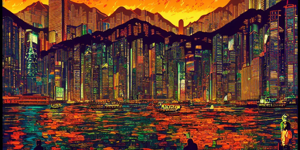 Prompt: artwork of hong kong by dan mumford and toshi yoshida and peter doig, vintage scifi, highly detailed, dramatic lighting, 8 k