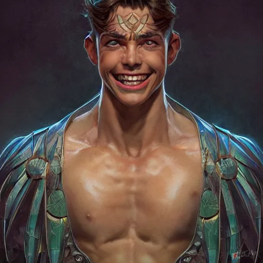 Image similar to character concept, portrait, symmetrical head - on centralized, laughing young man with strong body. detailed, high quality, dynamic lightning, fantasy, scenematic. artwork by artgerm, wlop, alex ross, greg rutknowski, alphonse mucha