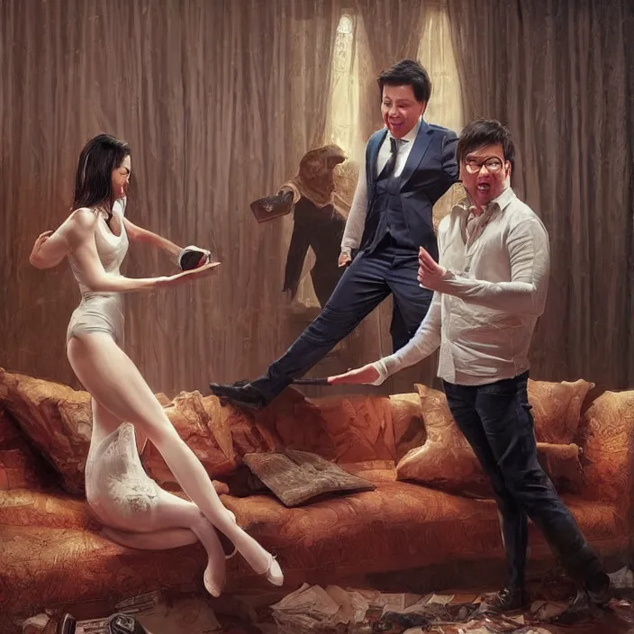 Image similar to portrait of michael mcintyre leaving on a sofa with a singing waitress, elegant, real life skin, intricate artwork, high detailed, artstation, concept art, smooth, sharpz focus, art by artgerm and greg rutkowski