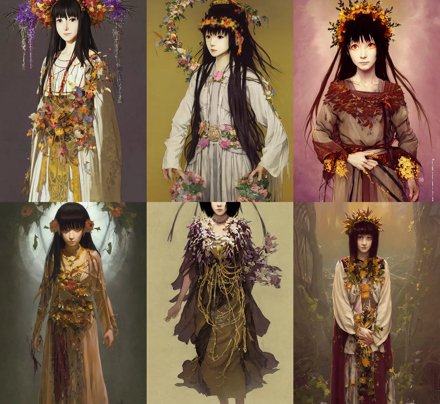 Prompt: studio photo portrait of Lain Iwakura from Serial Experiments Lain wearing floral garlands over her traditional dress. full height portrait of Lain as a slavic pagan priestess wearing traditional pagan dress adorned with golden tiara, concept art by Greg Rutkowski, James Gurney, Ross Tran, Ruan Jia, by J. C. Leyendecker and Edmund Blair Leighton and Charlie Bowater, ultrarealistic octane render, 8k, rtx on, trending on ArtStation