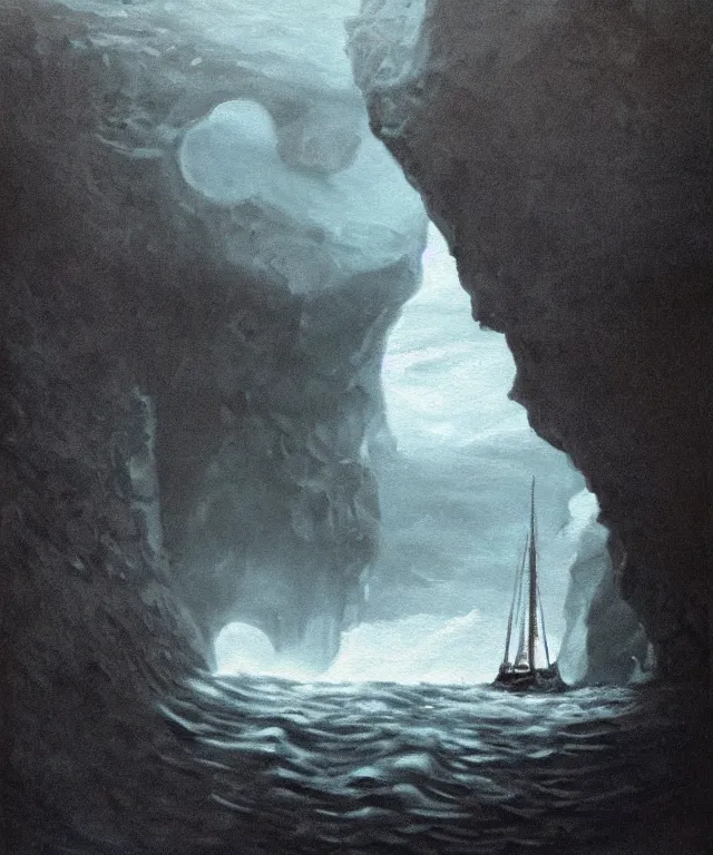 Image similar to photorealistic painting of a 1 9 2 5 seiner sailing near a tropical cliff with the mouth of a sea cave at the waterline, dark, brooding, atmospheric, lovecraft, horror, smooth, epic, highly detailed, cinematic, by lee gibbons