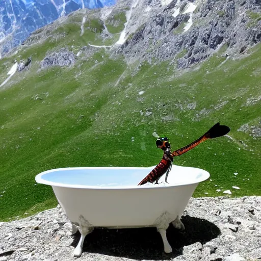 Image similar to dragonfly in a bathtub in the alps, herd of goats!!!! in background