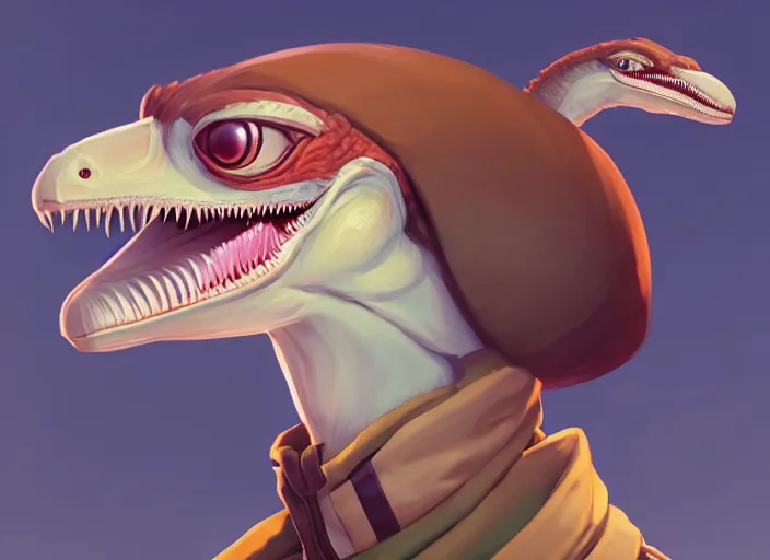 Image similar to character portrait feature of the anthro male anthropomorphic velociraptor fursona wearing airline pilot outfit uniform professional pilot character design stylized by charlie bowater, ross tran, artgerm, and makoto shinkai, detailed, soft lighting, rendered in octane, maldives in background