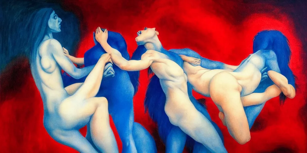 Image similar to only with blue, ney motogrosso in love with a red stallion, too many hands in all directions, in hoc signo vinces, waterfall, in the style of leonora carrington, gottfried helnwein, intricate composition, blue light by caravaggio, insanely quality, highly detailed, masterpiece, red light, artstation