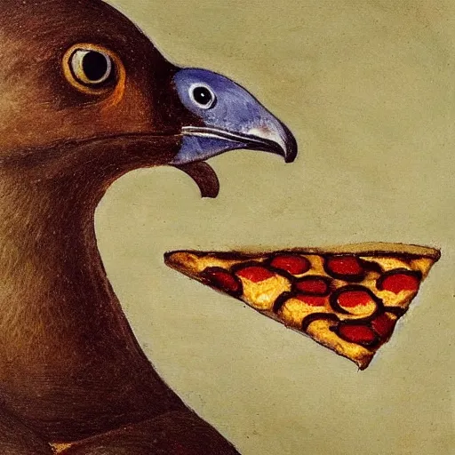 Prompt: a pigeon eating a pizza with its wings, oil painting by da vinci