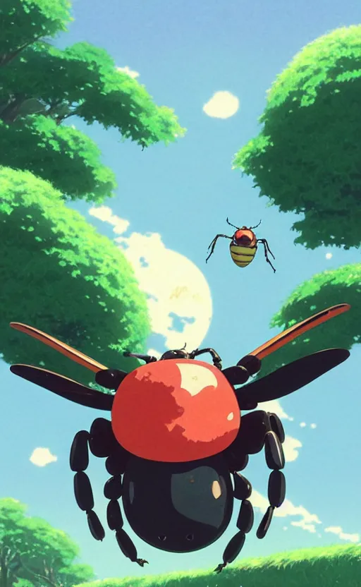 Prompt: a cute beetle card from 1 9 5 0, illustration, clear sky background, lush landscape, concept art, anime key visual, trending pixiv fanbox, by wlop and greg rutkowski and makoto shinkai and studio ghibli and kyoto animation and ken sugimori, symmetrical facial features, scarab pet companion, box art