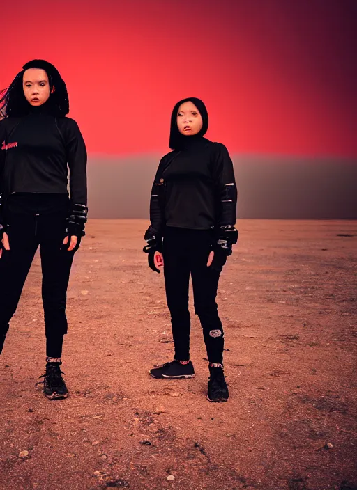 Prompt: photographic portrait shot on cinestill 5 0 d of two loving clones, women wearing black techwear on a desolate plain with a red sky, closeup, diverse race, cyberpunk, in front of a brutalist dark metal facility, dust storm, 3 5 mm, 8 k, depth of field, high resolution, ultra realistic faces