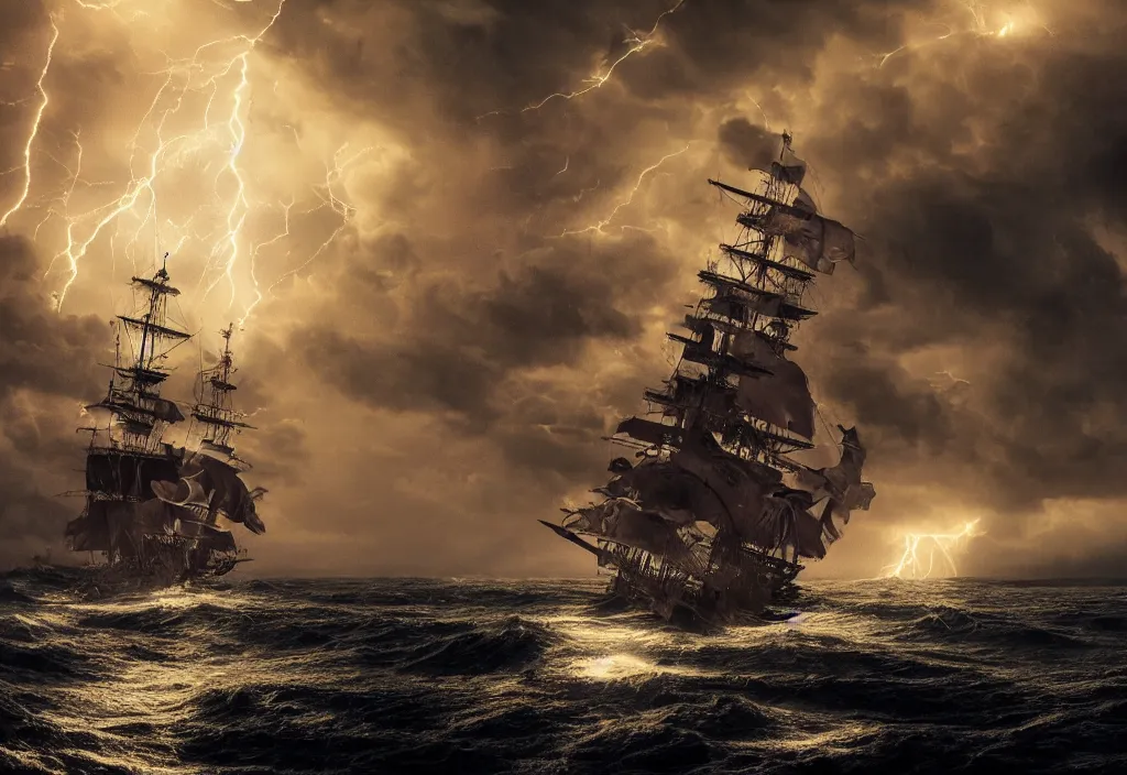 Image similar to photograph of a pirate ship traveling through sea of stars, breathtaking stars, thunderstorm lightning, interstellar, concept art, NASA, 4K, Detailed, HDR