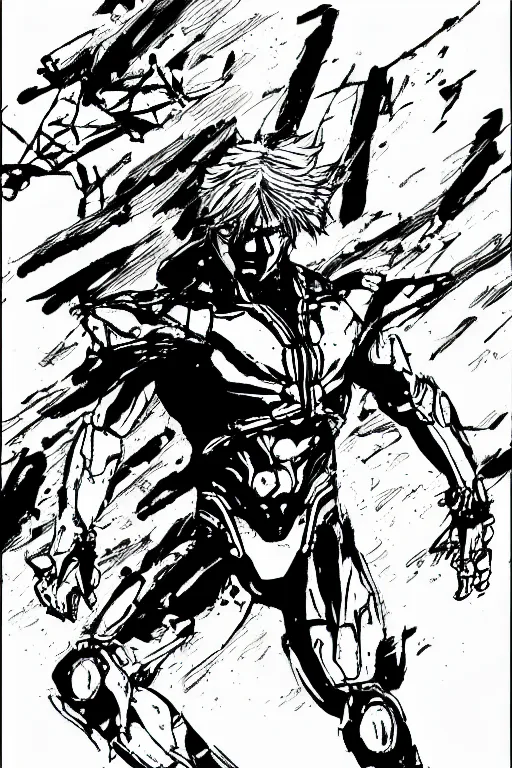 Image similar to raiden from metal gear rising, a page from cyberpunk 2 0 2 0, style of paolo parente, style of mike jackson, adam smasher, johnny silverhand, 1 9 9 0 s comic book style, white background, ink drawing, black and white, colouring pages