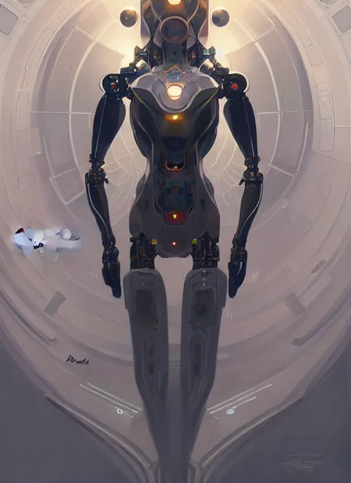 Image similar to symmetry, hi - tech robot in a spaceship intricate, elegant, highly detailed, digital painting, artstation, concept art, smooth, sharp focus, illustration, art by artgerm and greg rutkowski and alphonse mucha