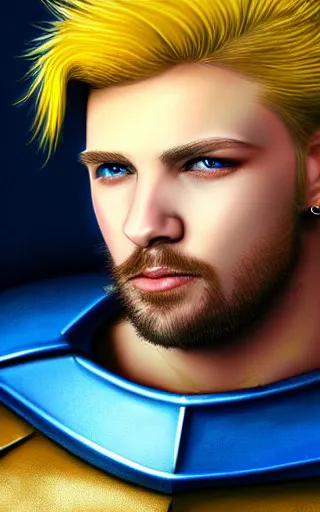 Image similar to a rugged young knight with blonde hair and blue eyes and a short beard and a scar under his left eye wearing a blue shirt steel pauldrons and a yellow cape and leather boots by Tony Sart, realistic, highly detailed, masterpiece, ArtStation