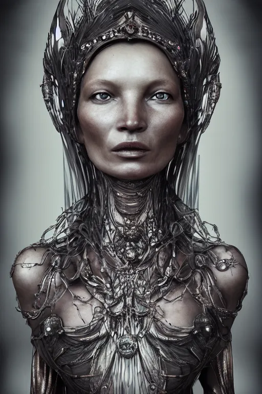 Image similar to a realistic moody photo of a beautiful ancient alien woman goddess kate moss kali standing in iris van herpen dress jewelery and fractals in style of alphonse mucha art nuvo dmt trending on artstation made in unreal engine 4