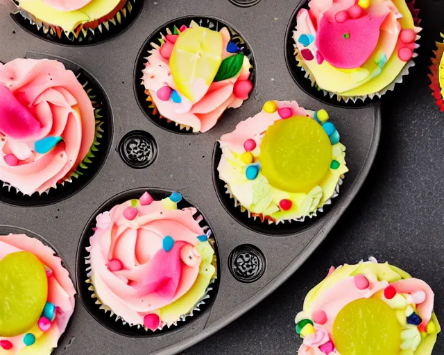 Image similar to dslr food photograph of delicious cupcakes with slices of pickle on them, 8 5 mm f 1. 4