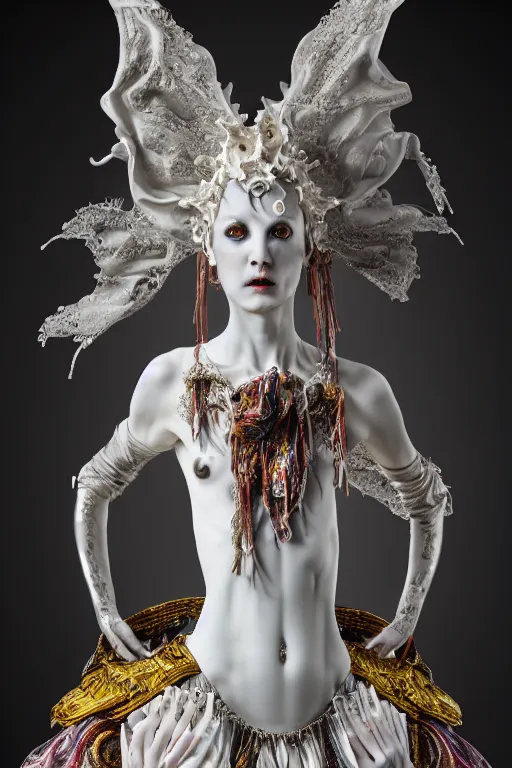 Image similar to white porcelain statue of wired matte sacred queen, sculpture with metallic polished intricated surface, dressed with a colorful torn silk cloak and chrome ornaments, made by antonio corradini, and dug stanat macabre art, dark surrealism, epic and cinematic view, volummetric light, texturized, detailed, freak circus, high graphics 8 k