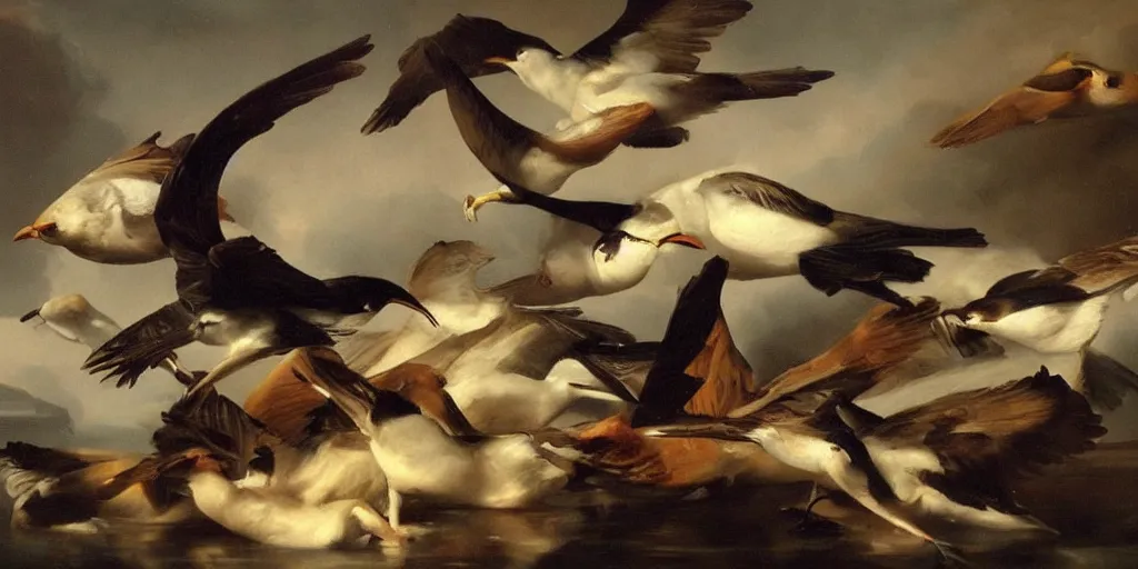 Image similar to highly detailed beautiful oil painting of birds, splash, sharp focus, dramatic, dynamic, lighting, elegant, harmony, beauty, masterpiece, by roberto ferri