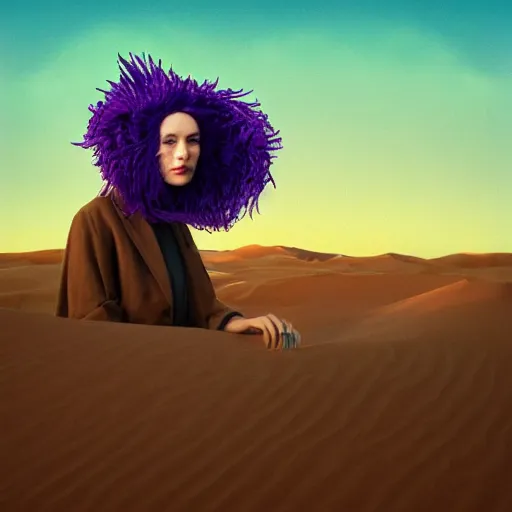 Image similar to portrait, giant purple dahlia flower head, woman between dunes, surreal photography, sunrise, blue sky, dramatic light, impressionist painting, digital painting, artstation, simon stalenhag