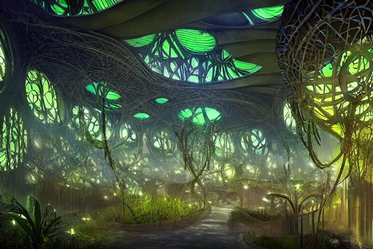 Prompt: futuristic foliage overgrowing detailed favela bioluminescence bunker hive, art nouveau environment, cathedral, award winning art, epic dreamlike fantasy landscape, ultra realistic,