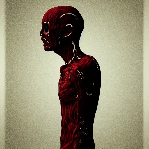 Image similar to octane render of a body horror human, sharp dark shadows, black and red color palette by trevor henderson and junji ito