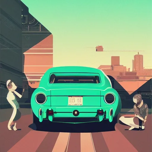 Image similar to people looking at a car, intricate, elegant, highly detailed, vector illustration, artstation, concept art, smooth, sharp focus, illustration, art by wlop, tom whalen, sea green color theme