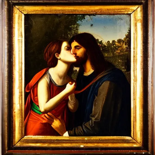 Image similar to an oil panting of a jesus kissing maria maddalena